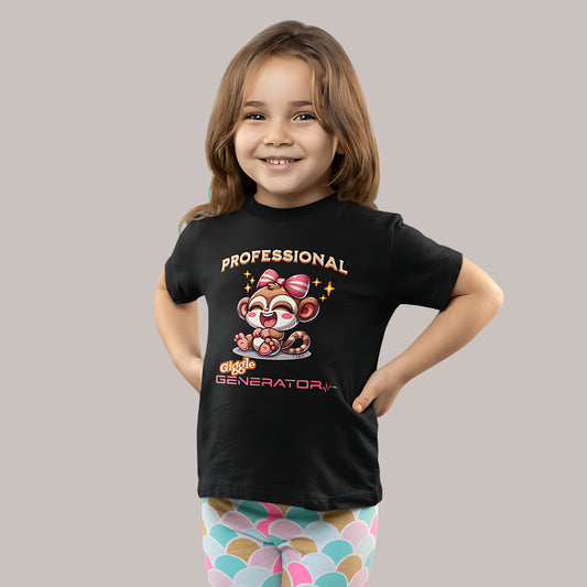 Toddler tee design featuring a smiling cartoon tarsier named Tara with a pink bow and the phrase “Professional Giggle Generator,” surrounded by sparkles for a fun and playful Filipino-inspired look.