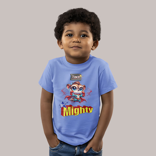 Toddler tee design featuring a superhero tarsier named Taro in a red cape with the bold phrase “Tiny But Mighty,” accented by lightning bolts and power-themed elements.