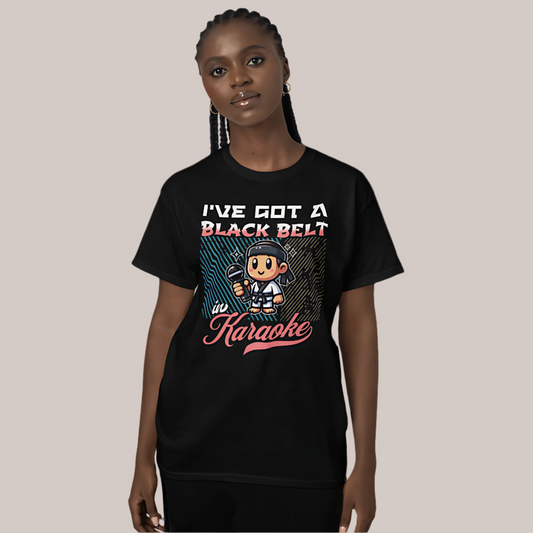 T-shirt featuring 'I've Got a Black Belt in Karaoke' design with a cartoon character holding a microphone in a karate uniform, part of PINOY TRIBO™'s Filipino-inspired apparel collection.