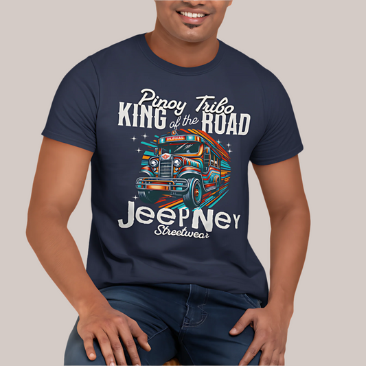 T-shirt featuring a colorful jeepney with 'King of the Road' text, part of PINOY TRIBO™'s Filipino-inspired apparel collection.