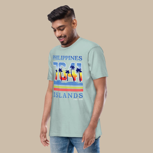 Philippines 7641 Islands Filipino Streetwear Graphic Tee featuring colorful tropical palm trees and vibrant sunset hues, celebrating the beauty and diversity of the Philippines.