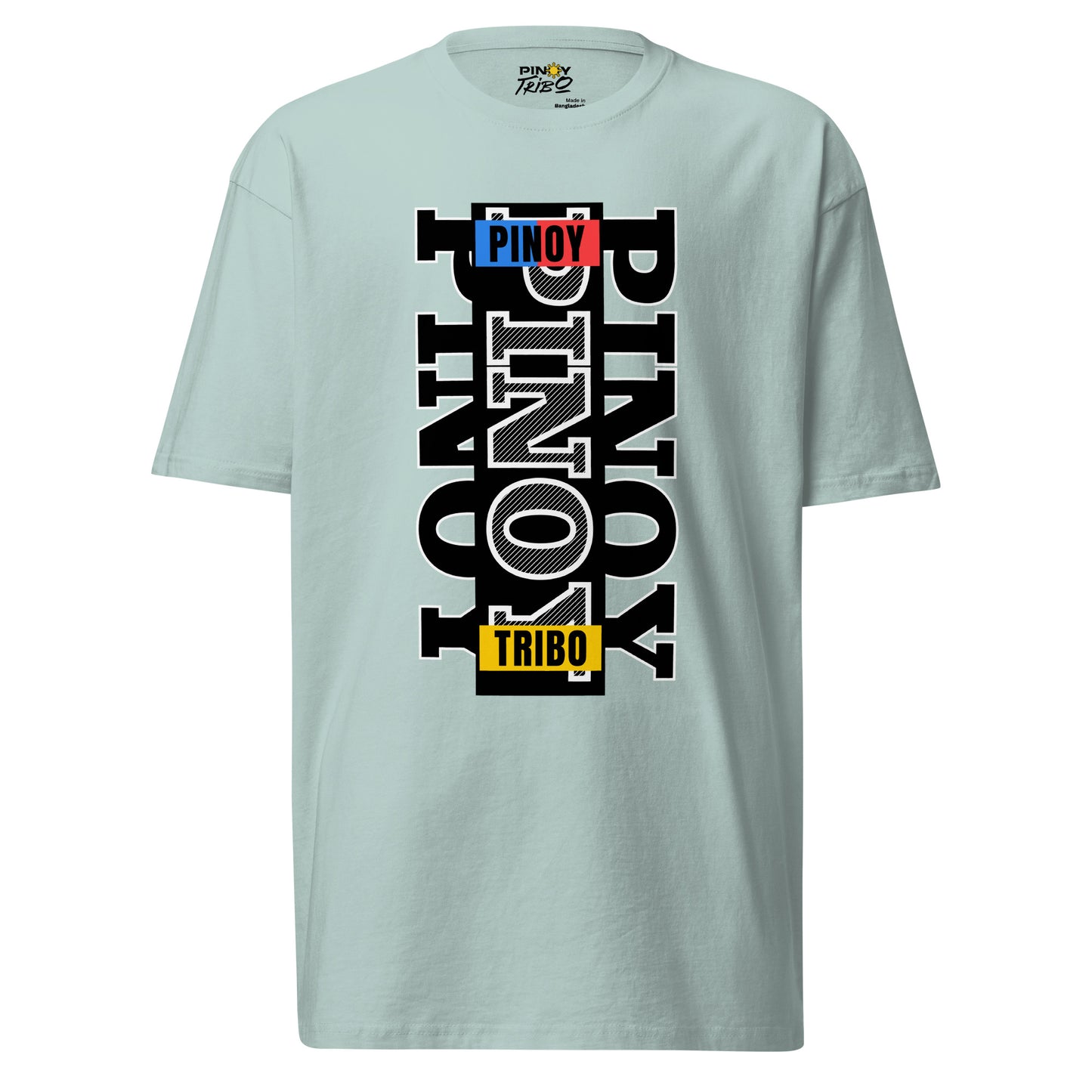 Pinoy Tribo Vertical Filipino Streetwear Graphic Tee featuring a minimalist outlined typography design with bold Pinoy-inspired color blocks, representing Filipino pride and modern urban fashion.