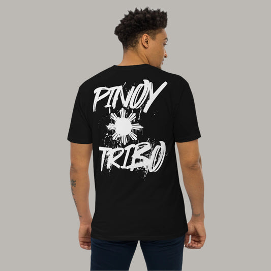 Pinoy Tribo Sun Paint Filipino Streetwear Tee featuring a graffiti-style splattered sun design on the back and a minimalist left-chest logo, representing Filipino pride and urban fashion.