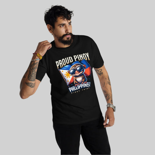 Proud Pinoy graphic tee featuring a tarsier wearing sunglasses with the Philippine flag in the background, designed for PINOY TRIBO™ streetwear.