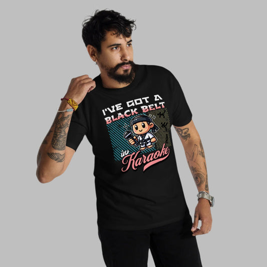 Black Belt in Karaoke Filipino Streetwear Graphic Tee featuring a humorous martial-arts-themed cartoon character holding a microphone, perfect for karaoke-loving Pinoys.