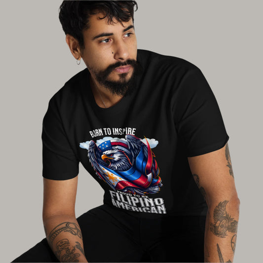 Proud to Be Filipino American Streetwear Graphic Tee featuring a powerful eagle wrapped in the Filipino and American flags, symbolizing unity, heritage, and pride.