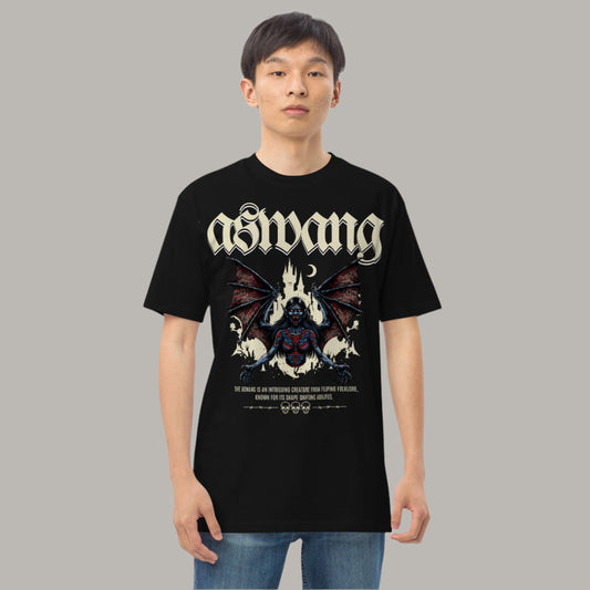 Aswang Filipino Streetwear Graphic Tee featuring a terrifying depiction of the mythical Aswang with bat-like wings and eerie glowing eyes, inspired by Filipino folklore and horror.
