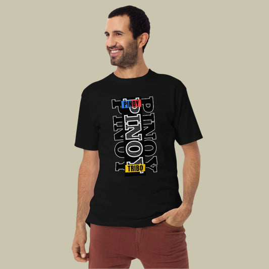 Pinoy Tribo Vertical Filipino Streetwear Graphic Tee featuring a minimalist outlined typography design with bold Pinoy-inspired color blocks, representing Filipino pride and modern urban fashion.