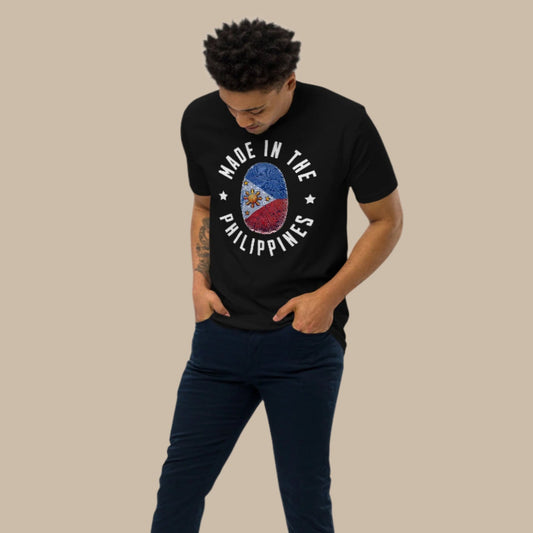 Made in the Philippines Filipino Streetwear Graphic Tee featuring a fingerprint design styled in the colors of the Philippine flag, symbolizing Filipino heritage and pride.