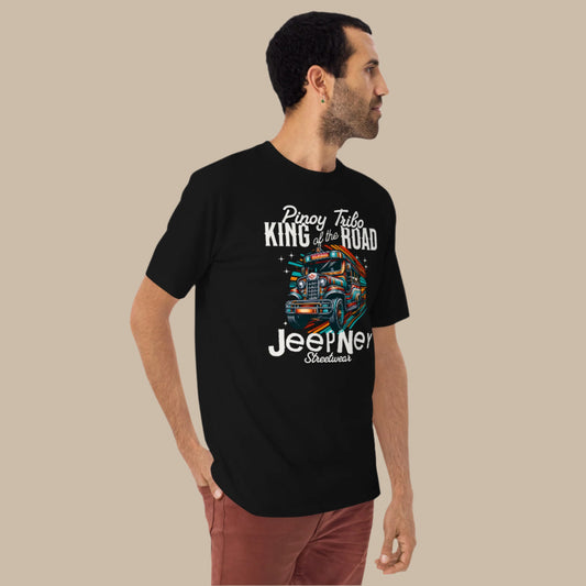 Jeepney King of the Road Filipino Streetwear Graphic Tee featuring a vibrant, colorful Filipino Jeepney illustration, celebrating Pinoy culture and street style.