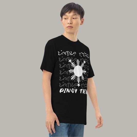 Cascading Baybayin Sun Filipino Streetwear Graphic Tee showcasing traditional Baybayin script cascading behind the iconic Philippine sun and tri-star symbols, representing Filipino heritage and pride.