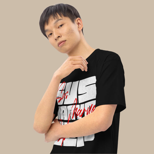 "Susmaryosep" Filipino Streetwear Graphic Tee featuring a bold block-style white typography with red script overlay, inspired by popular Pinoy expressions.