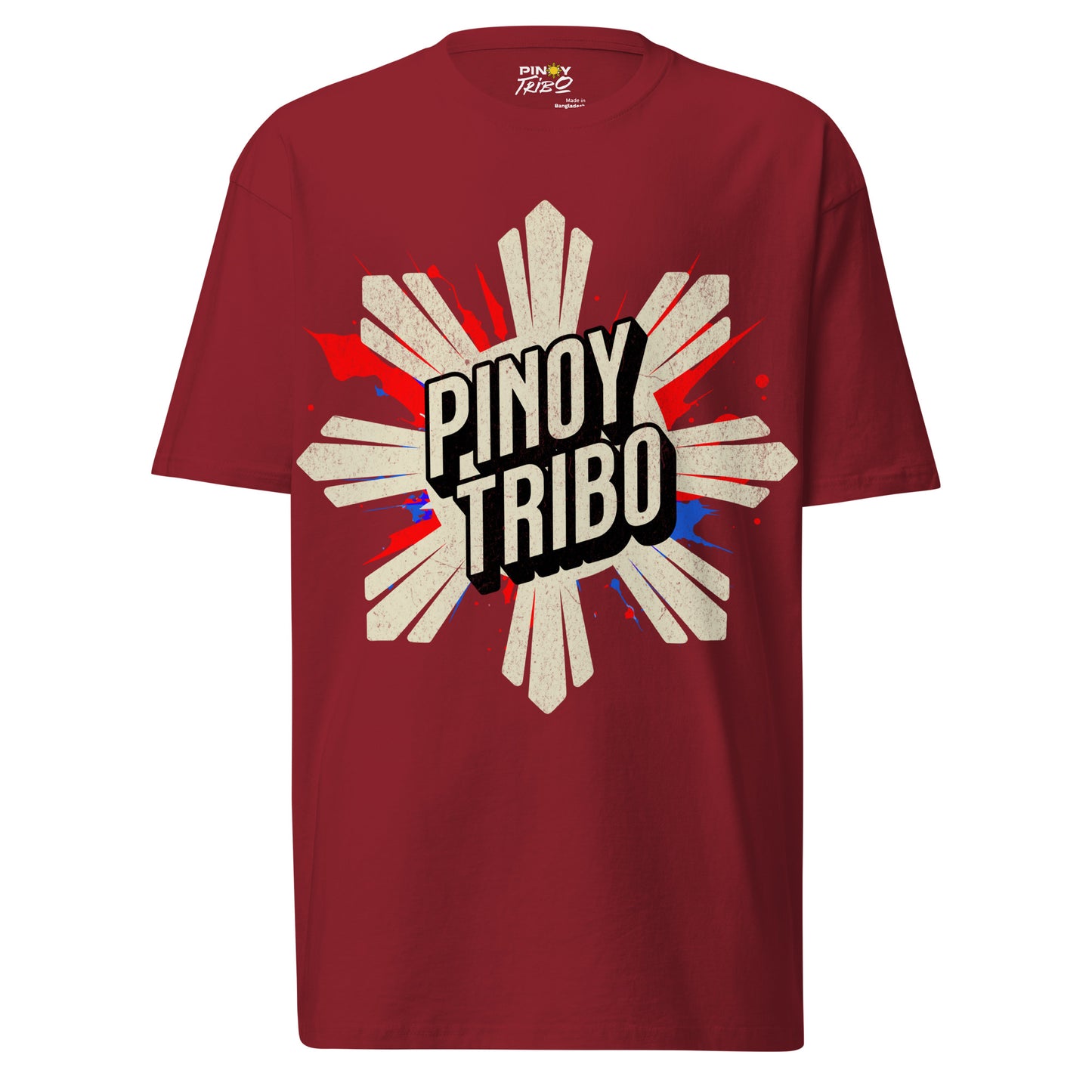 Pinoy Tribo Filipino Streetwear Graphic Tee featuring a bold stylized sun design with red and blue paint splashes, inspired by Filipino heritage and culture.
