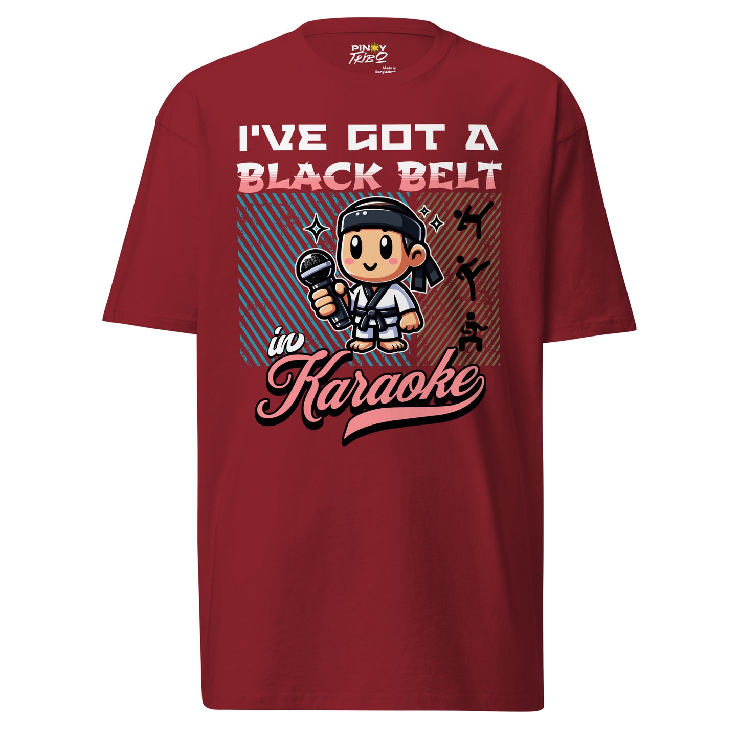 Black Belt in Karaoke Filipino Streetwear Graphic Tee featuring a humorous martial-arts-themed cartoon character holding a microphone, perfect for karaoke-loving Pinoys.