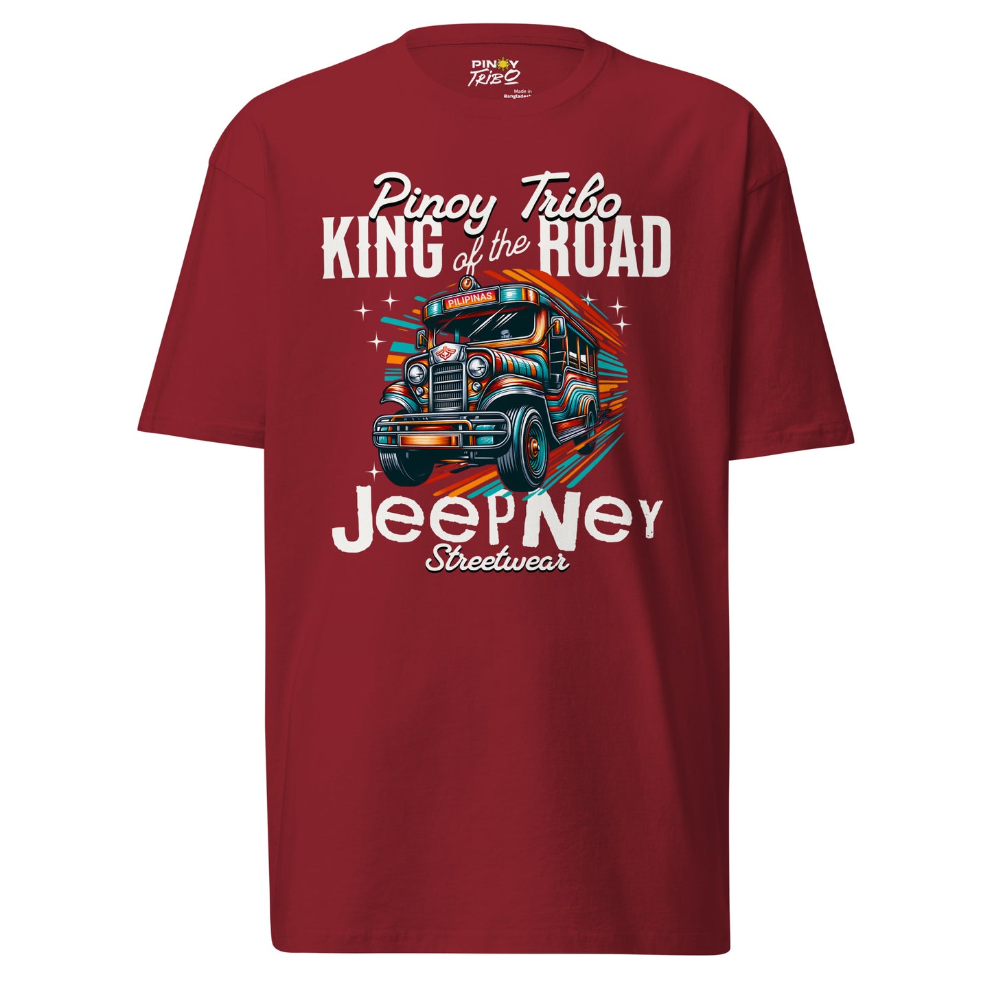 Jeepney King of the Road Filipino Streetwear Graphic Tee featuring a vibrant, colorful Filipino Jeepney illustration, celebrating Pinoy culture and street style.