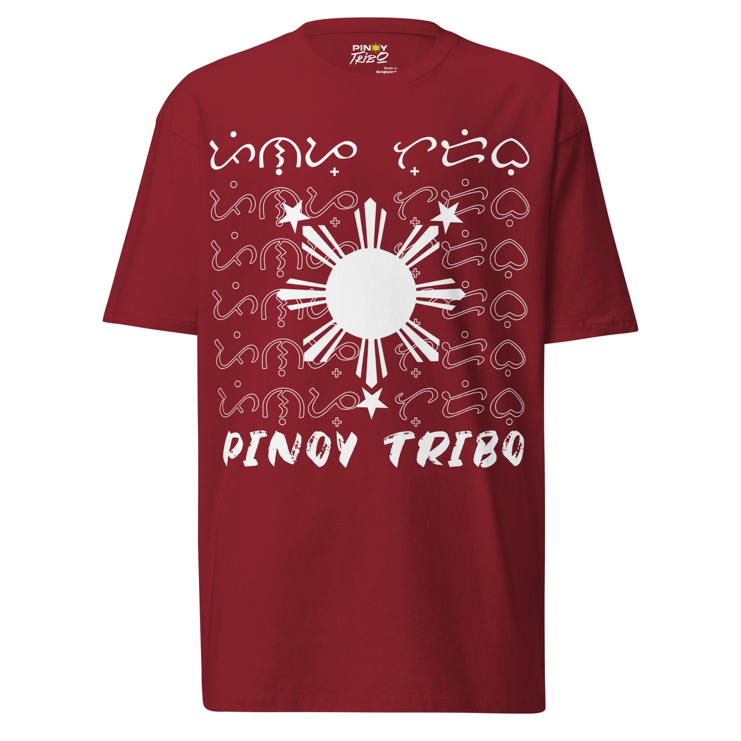 Cascading Baybayin Sun Filipino Streetwear Graphic Tee showcasing traditional Baybayin script cascading behind the iconic Philippine sun and tri-star symbols, representing Filipino heritage and pride.
