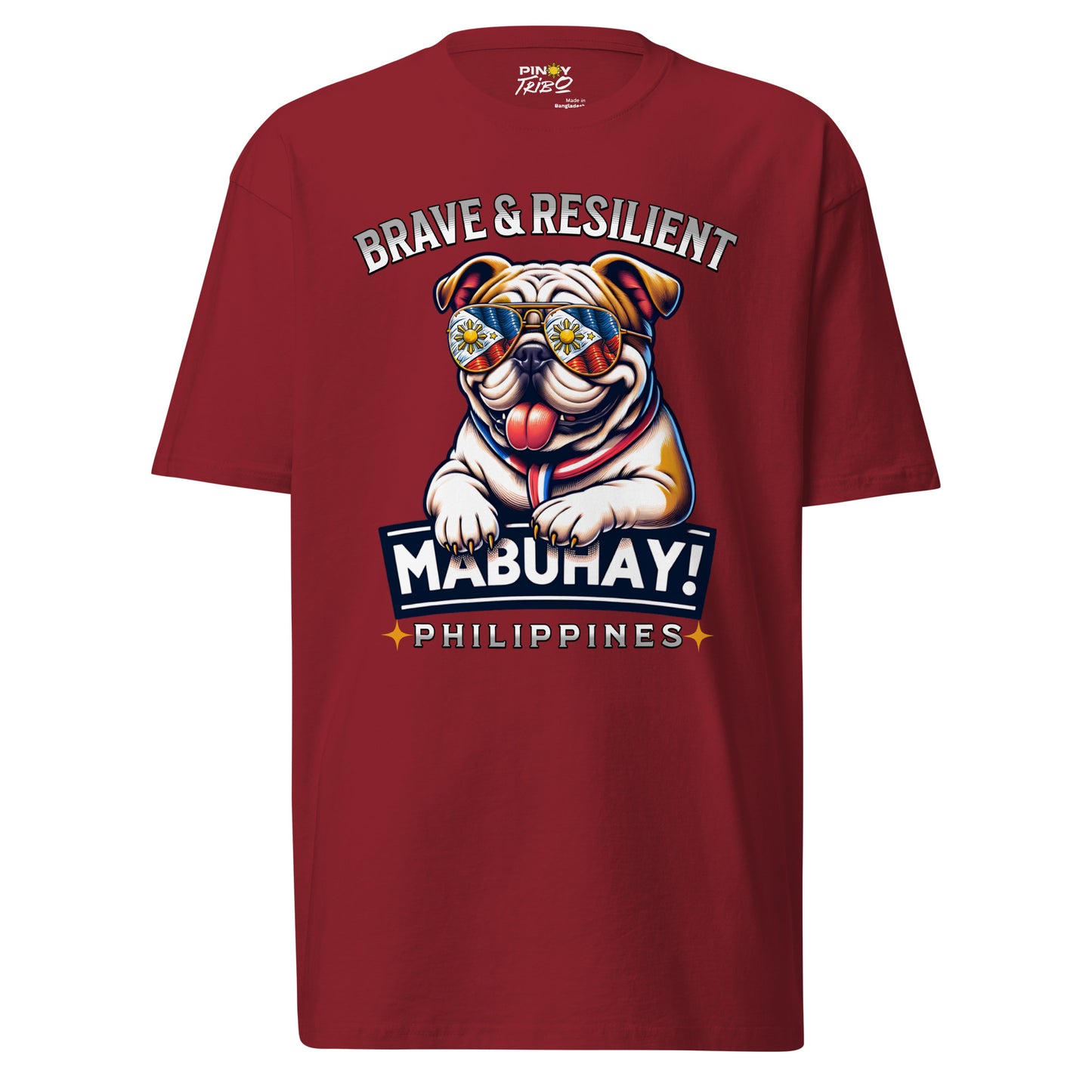 Brave & Resilient Mabuhay Philippines Filipino Streetwear Graphic Tee featuring a bold bulldog wearing Philippine-flag sunglasses, celebrating Pinoy pride, strength, and resilience.