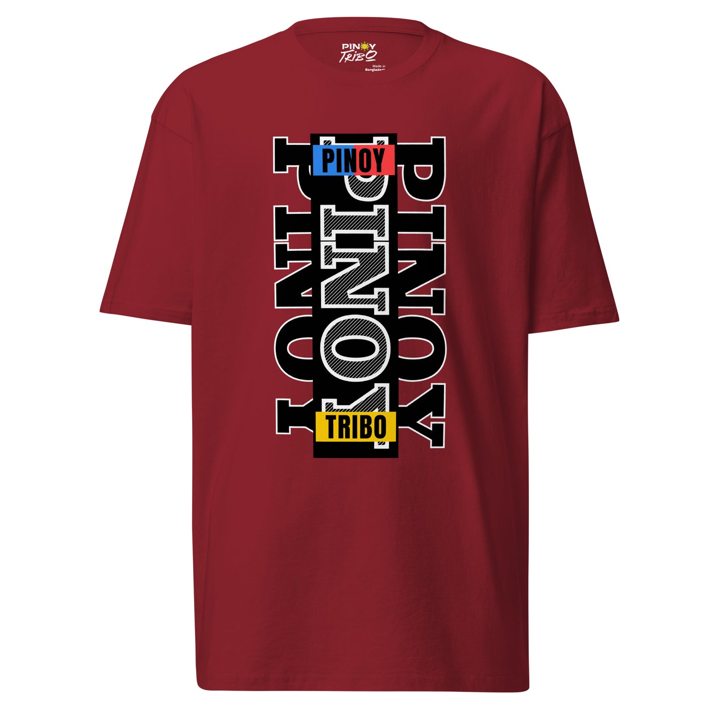 Pinoy Tribo Vertical Filipino Streetwear Graphic Tee featuring a minimalist outlined typography design with bold Pinoy-inspired color blocks, representing Filipino pride and modern urban fashion.