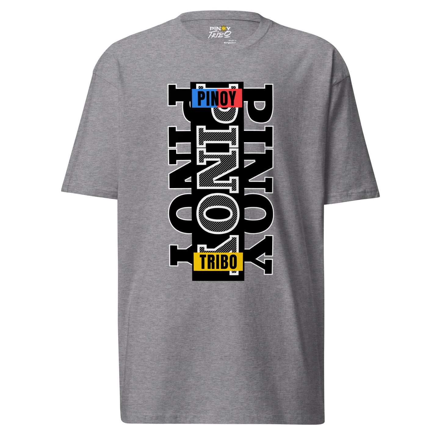 Pinoy Tribo Vertical Filipino Streetwear Graphic Tee featuring a minimalist outlined typography design with bold Pinoy-inspired color blocks, representing Filipino pride and modern urban fashion.