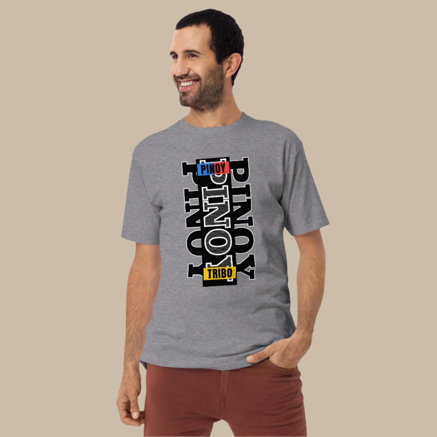 Pinoy Tribo Vertical Filipino Streetwear Graphic Tee featuring a minimalist outlined typography design with bold Pinoy-inspired color blocks, representing Filipino pride and modern urban fashion.