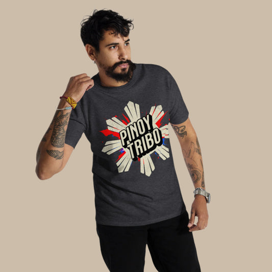 Pinoy Tribo Filipino Streetwear Graphic Tee featuring a bold stylized sun design with red and blue paint splashes, inspired by Filipino heritage and culture.