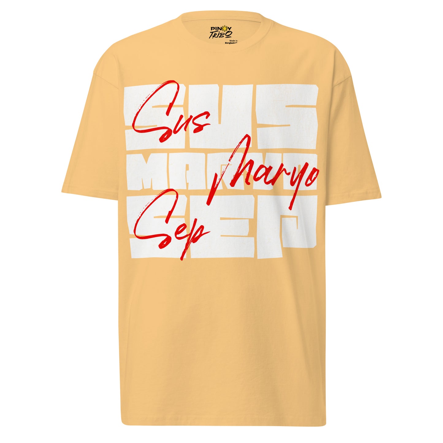 "Susmaryosep" Filipino Streetwear Graphic Tee featuring a bold block-style white typography with red script overlay, inspired by popular Pinoy expressions.