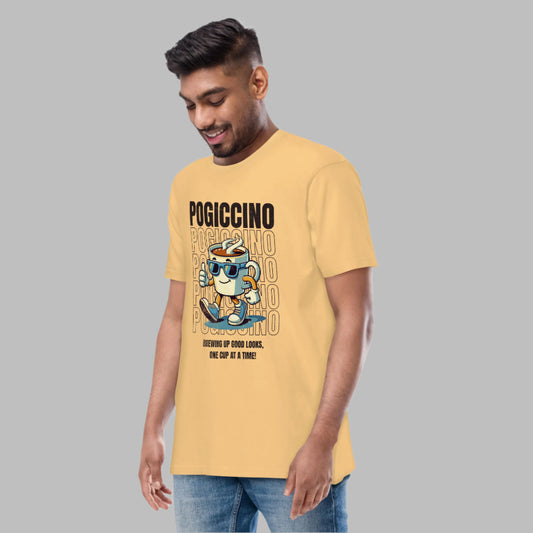 Pogiccino Filipino Streetwear Graphic Tee featuring a stylish animated coffee cup character with sunglasses, sneakers, and a confident attitude, blending coffee culture with Pinoy humor.