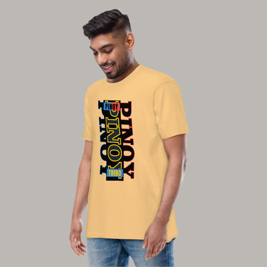 Pinoy Vertical Tri-Color Streetwear Graphic Tee featuring a bold, tri-color typography design inspired by the Philippine flag, representing Filipino pride and urban fashion.