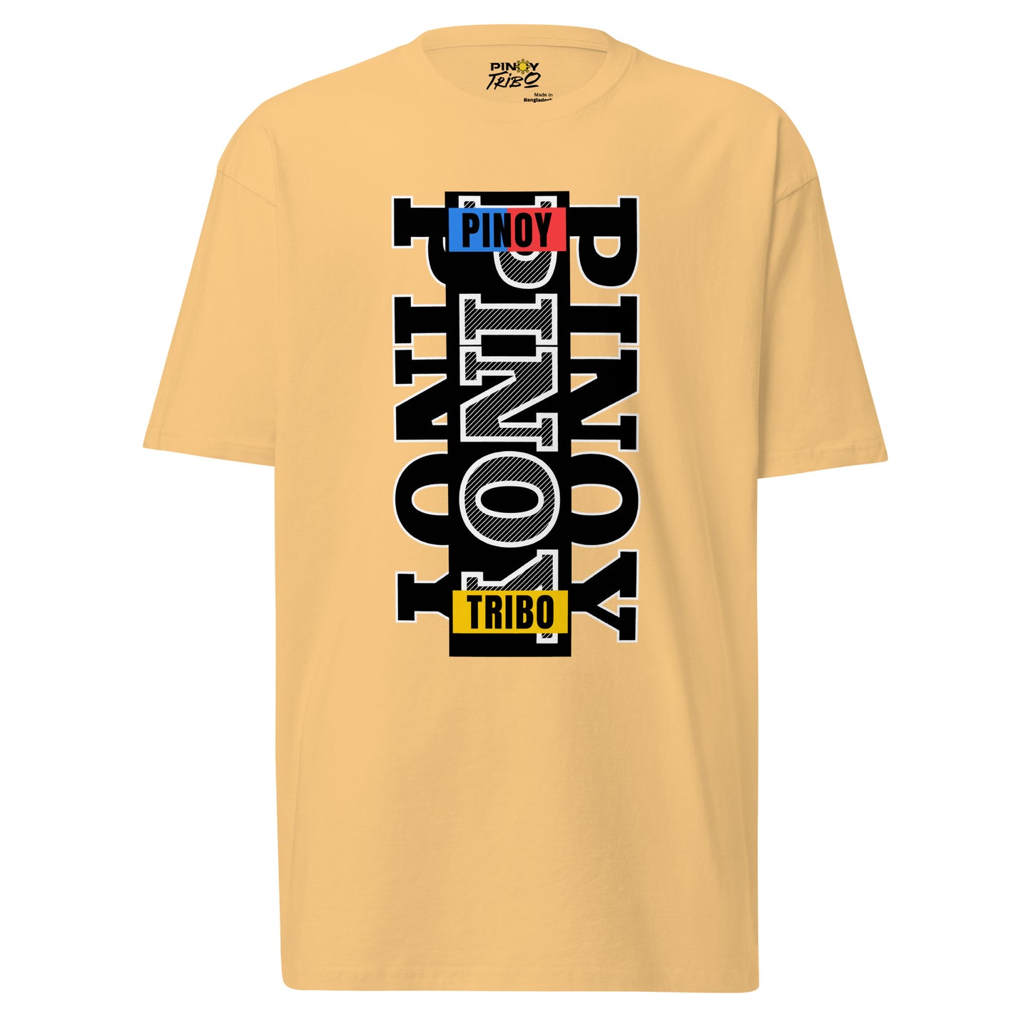 Pinoy Tribo Vertical Filipino Streetwear Graphic Tee featuring a minimalist outlined typography design with bold Pinoy-inspired color blocks, representing Filipino pride and modern urban fashion.