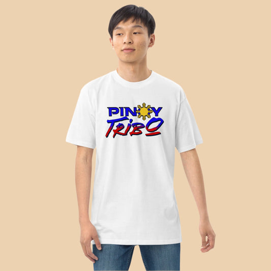 Pinoy Tribo Tricolor Logo design featuring bold blue, red, and yellow elements inspired by the Philippine flag on a black background, perfect for Filipino streetwear and cultural representation.