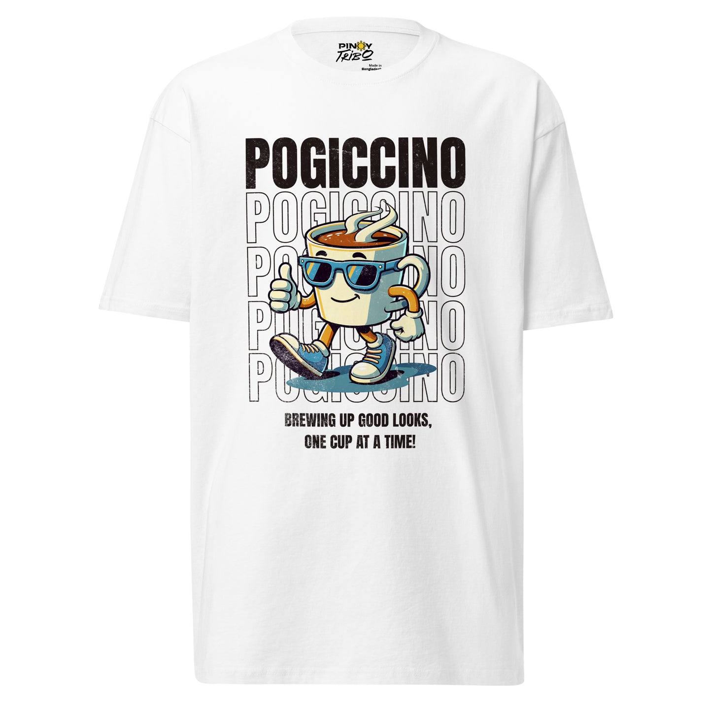 Pogiccino Filipino Streetwear Graphic Tee featuring a stylish animated coffee cup character with sunglasses, sneakers, and a confident attitude, blending coffee culture with Pinoy humor.