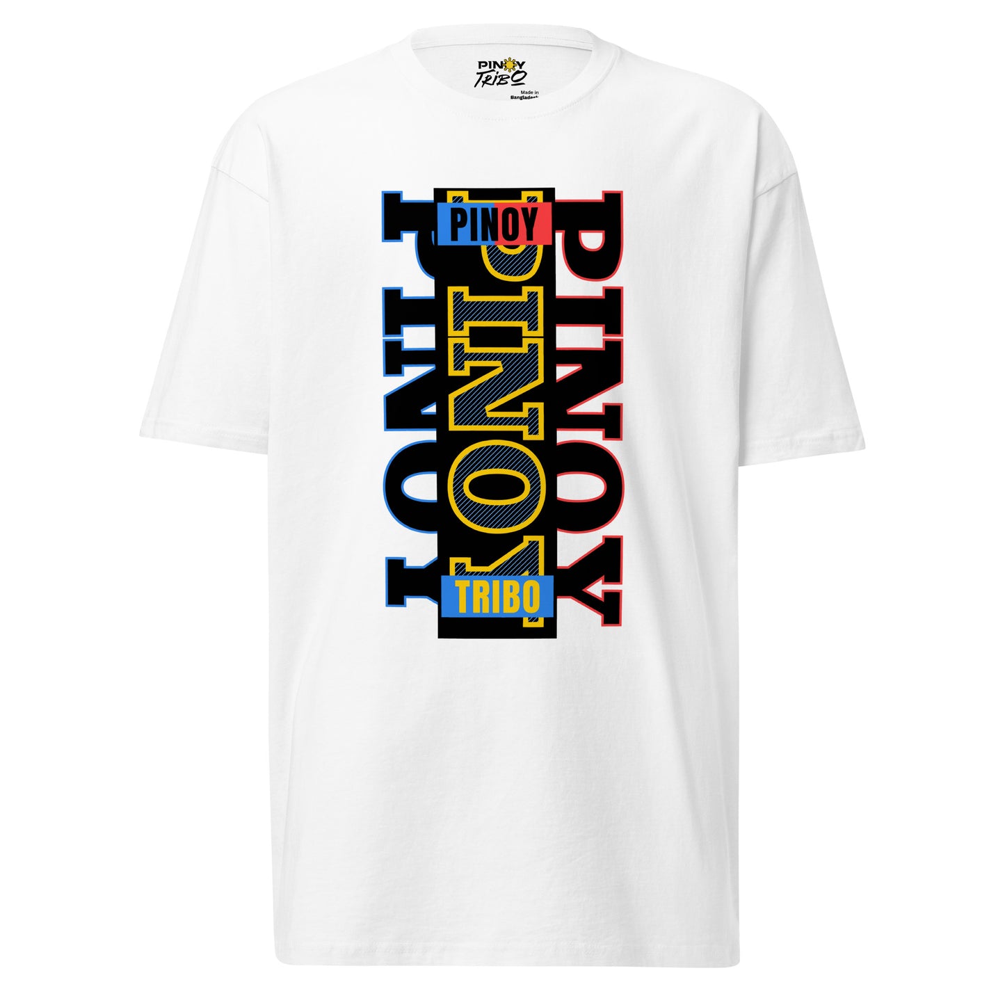 Pinoy Vertical Tri-Color Streetwear Graphic Tee featuring a bold, tri-color typography design inspired by the Philippine flag, representing Filipino pride and urban fashion.