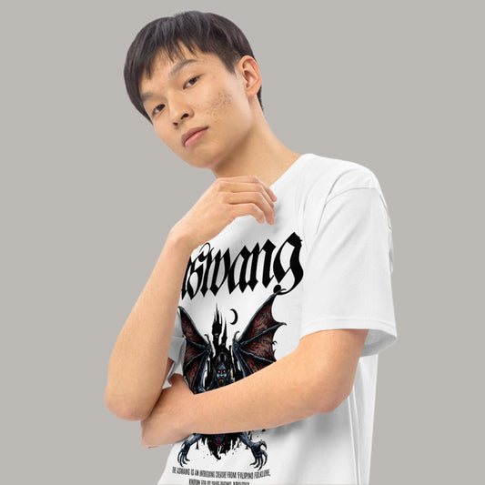 Aswang Filipino Streetwear Graphic Tee featuring a terrifying depiction of the mythical Aswang with bat-like wings and eerie glowing eyes, inspired by Filipino folklore and horror.