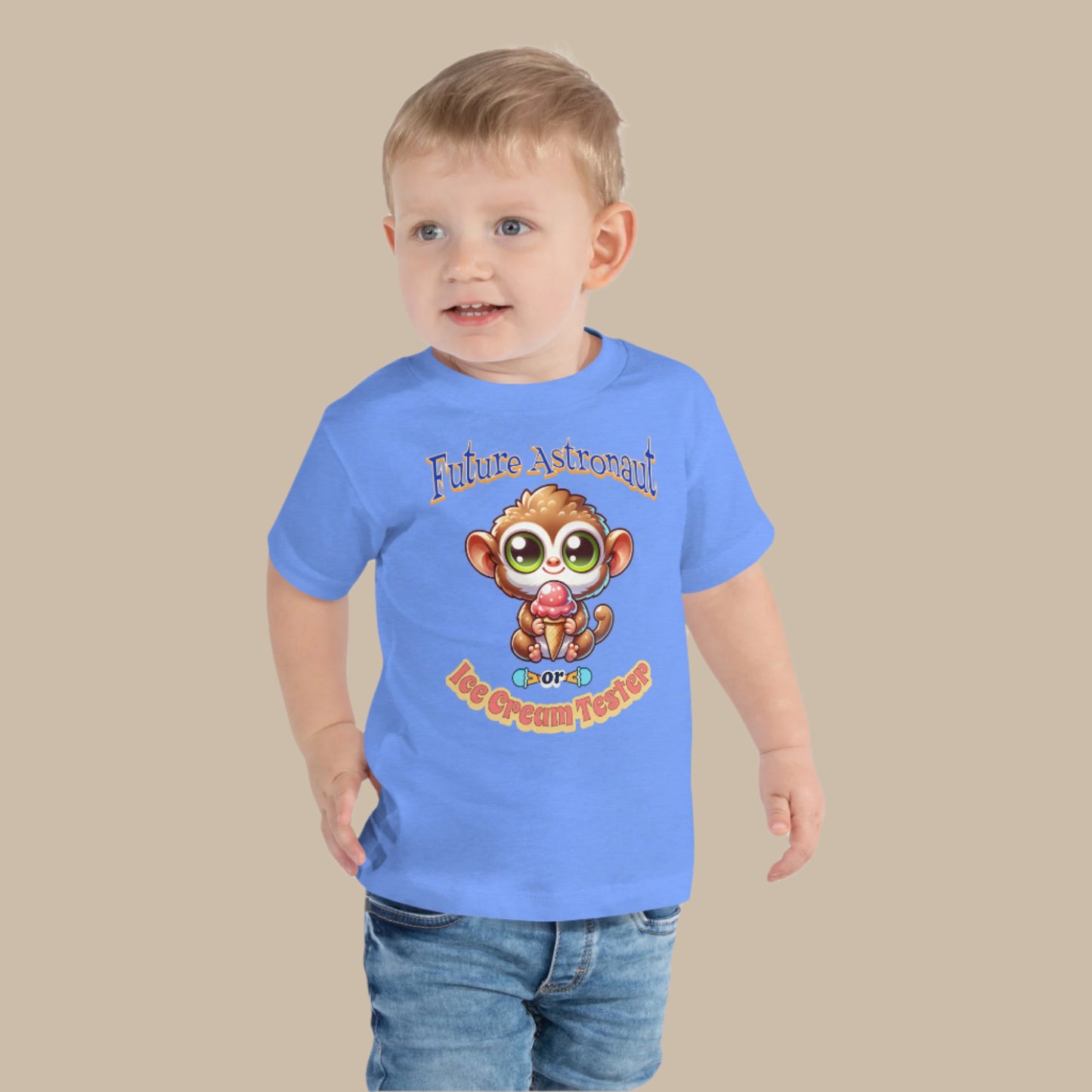 Toddler tee design featuring a cartoon tarsier holding an ice cream cone with playful text that reads “Future Astronaut or Ice Cream Tester,” celebrating Filipino culture and childhood imagination.
