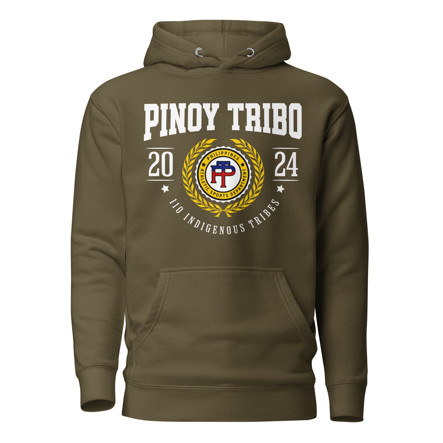 Pullover hoodie with bold "PINOY TRIBO 2024" design and Filipino tribal seal emblem honoring 110 indigenous tribes