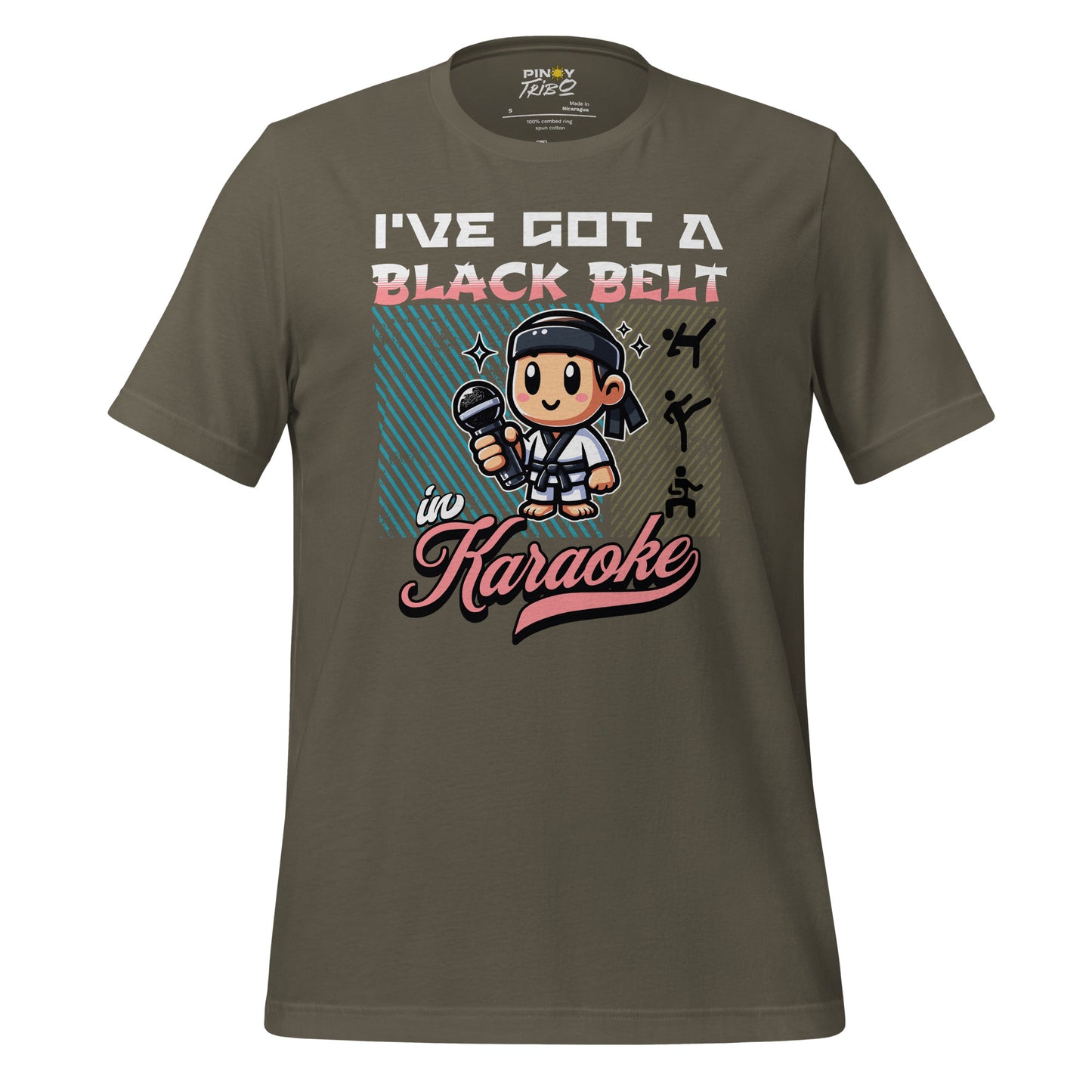 T-shirt featuring 'I've Got a Black Belt in Karaoke' design with a cartoon character holding a microphone in a karate uniform, part of PINOY TRIBO™'s Filipino-inspired apparel collection.