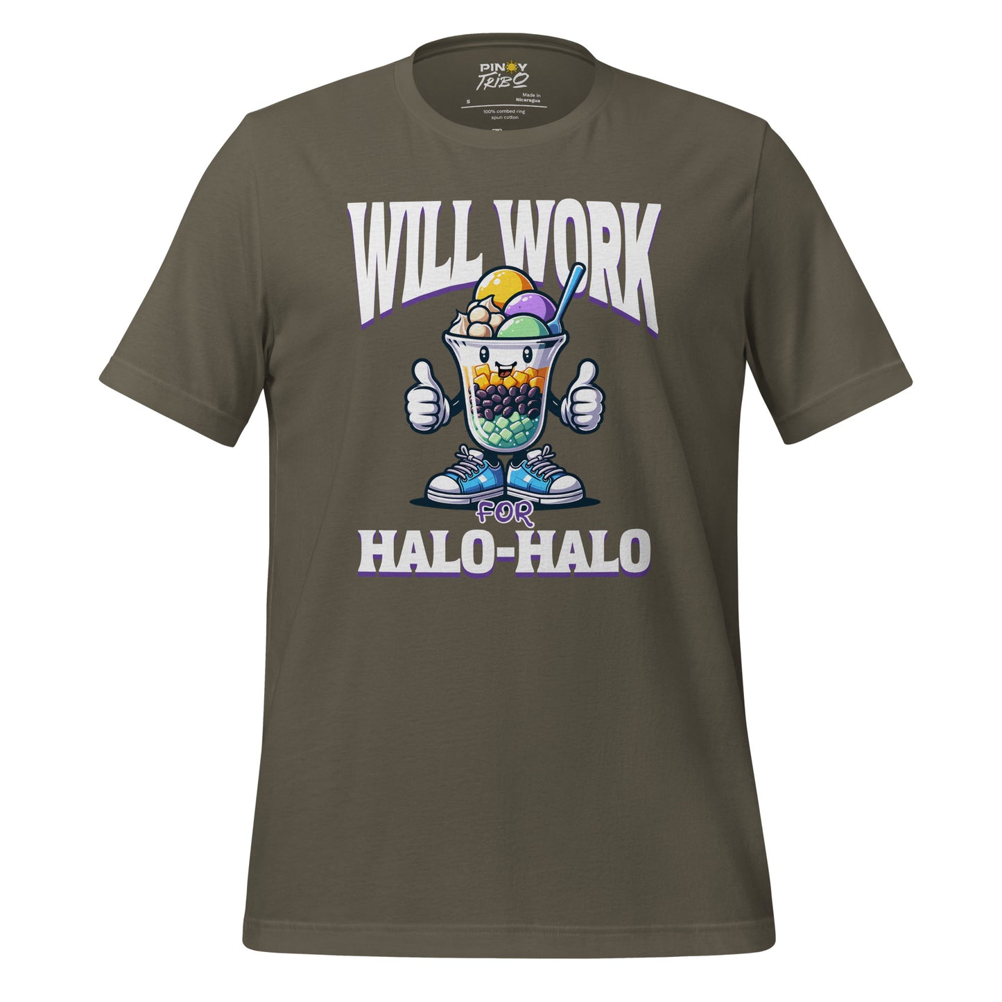 Will Work for Halo-Halo graphic t-shirt featuring a cute, smiling halo-halo dessert character with sneakers and thumbs up, styled in a fun and colorful Filipino-inspired design.