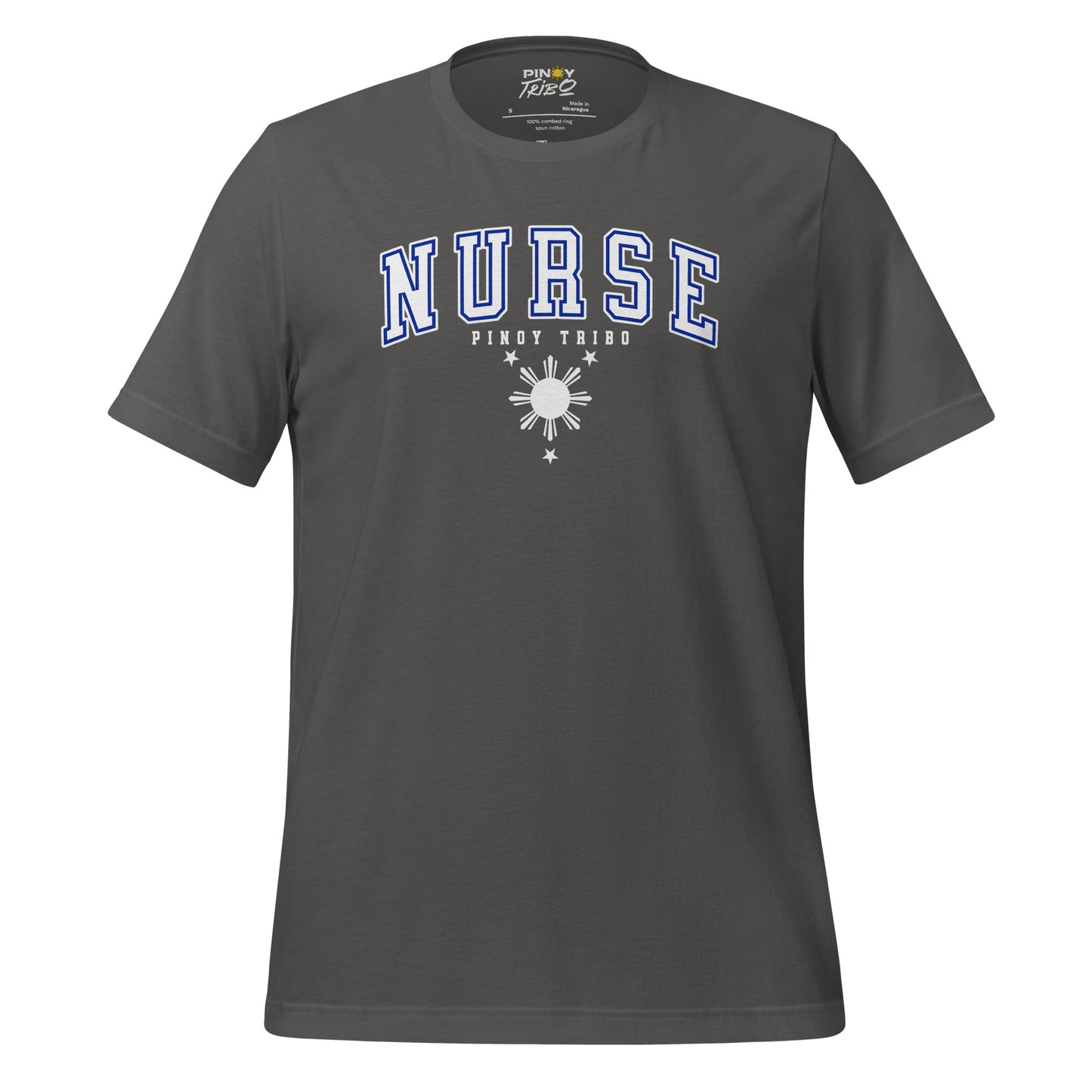 T-shirt with 'Nurse' in collegiate-style text, the words 'Pinoy Tribo,' and a Filipino sun and stars design, part of PINOY TRIBO™'s Filipino-inspired apparel collection.