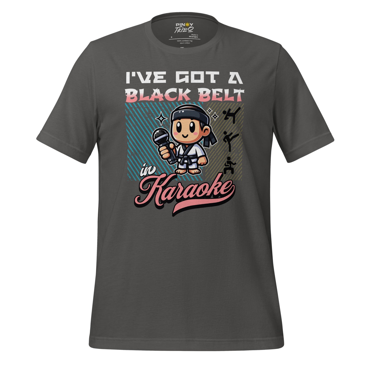 T-shirt featuring 'I've Got a Black Belt in Karaoke' design with a cartoon character holding a microphone in a karate uniform, part of PINOY TRIBO™'s Filipino-inspired apparel collection.