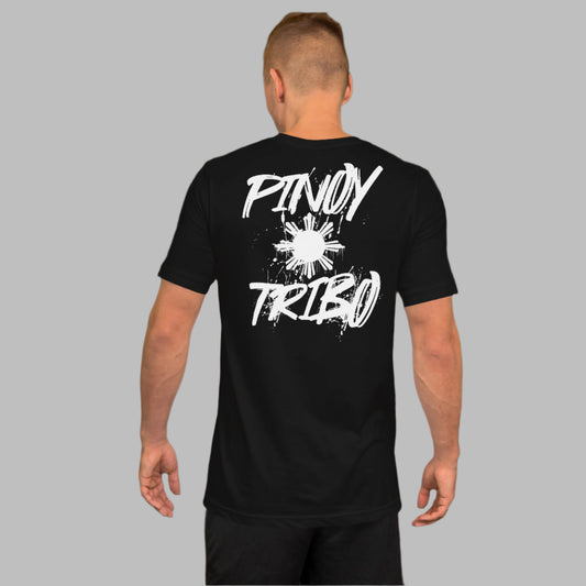 Pinoy Tribo Sun Paint Graphic Tee featuring a paint-splattered sun design on the back and a Pinoy Tribo logo on the left chest, celebrating Filipino pride and heritage in a bold streetwear style.