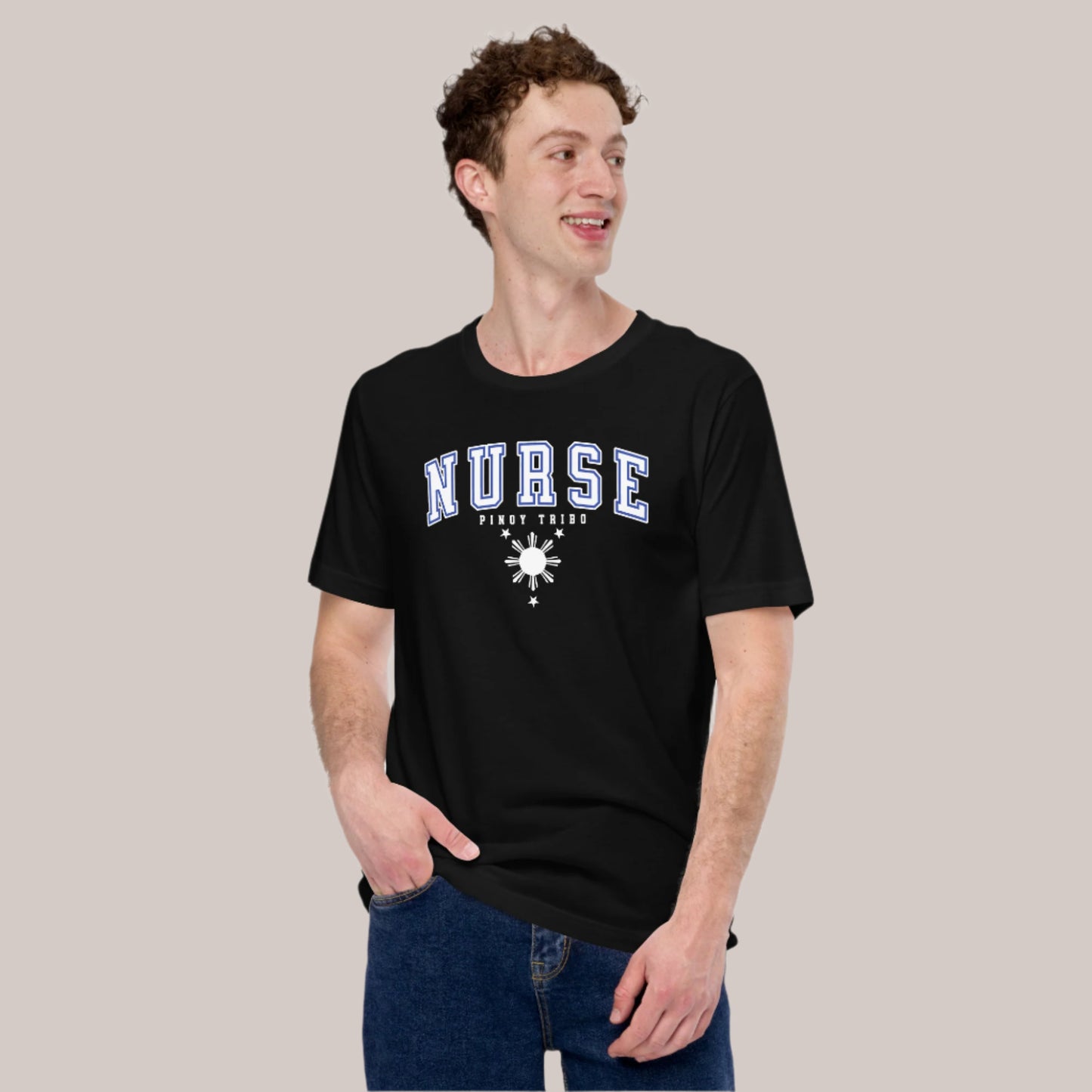 T-shirt with 'Nurse' in collegiate-style text, the words 'Pinoy Tribo,' and a Filipino sun and stars design, part of PINOY TRIBO™'s Filipino-inspired apparel collection.