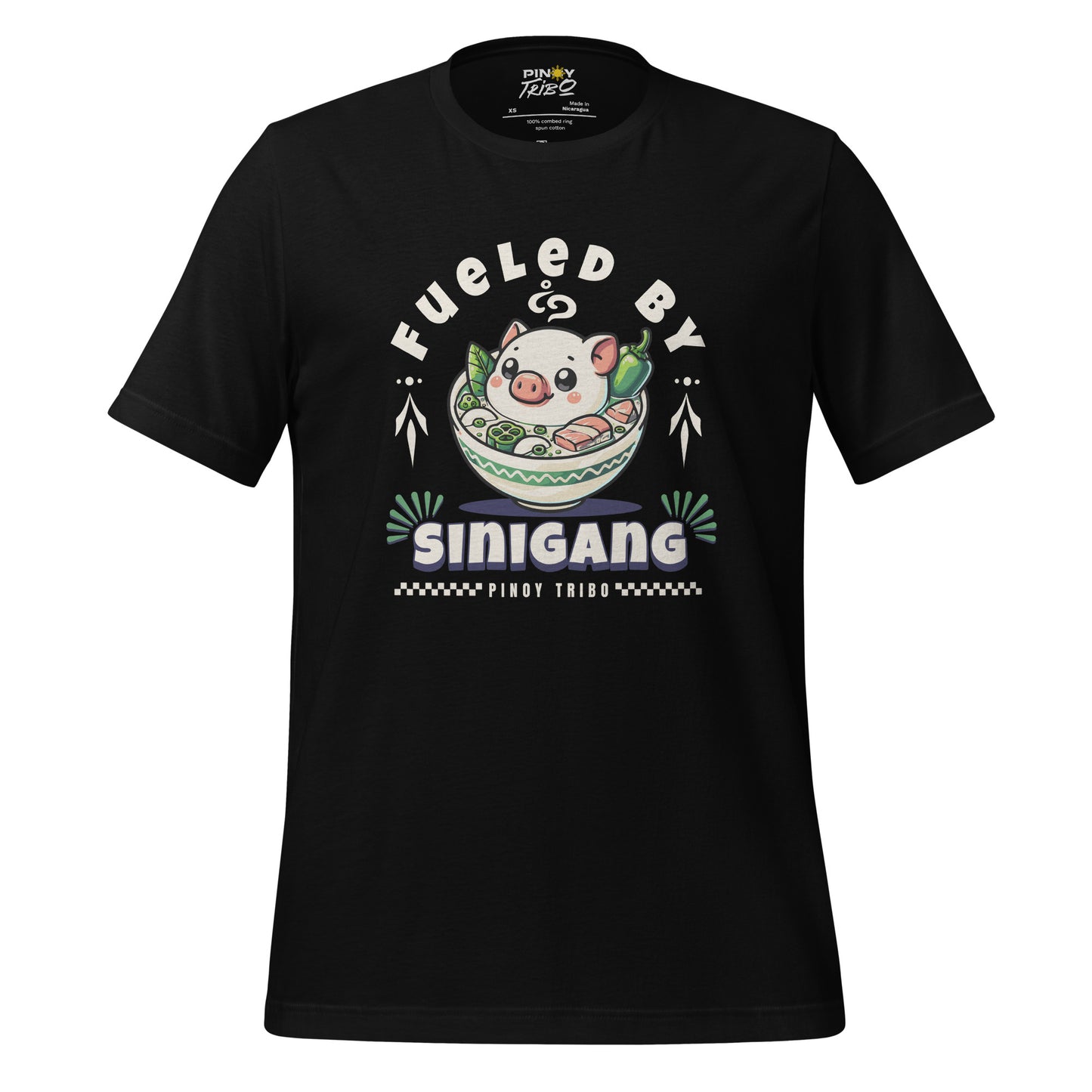 T-shirt featuring 'Fueled by Sinigang' graphic with an adorable pig in a bowl of Sinigang, part of PINOY TRIBO™'s Filipino-inspired apparel collection.
