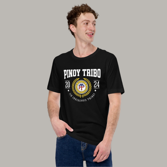 T-shirt featuring a Pinoy Tribo athletic crest design with laurel wreath, '110 Indigenous Tribes,' and 'Philippines Athletic Sports Department' text.