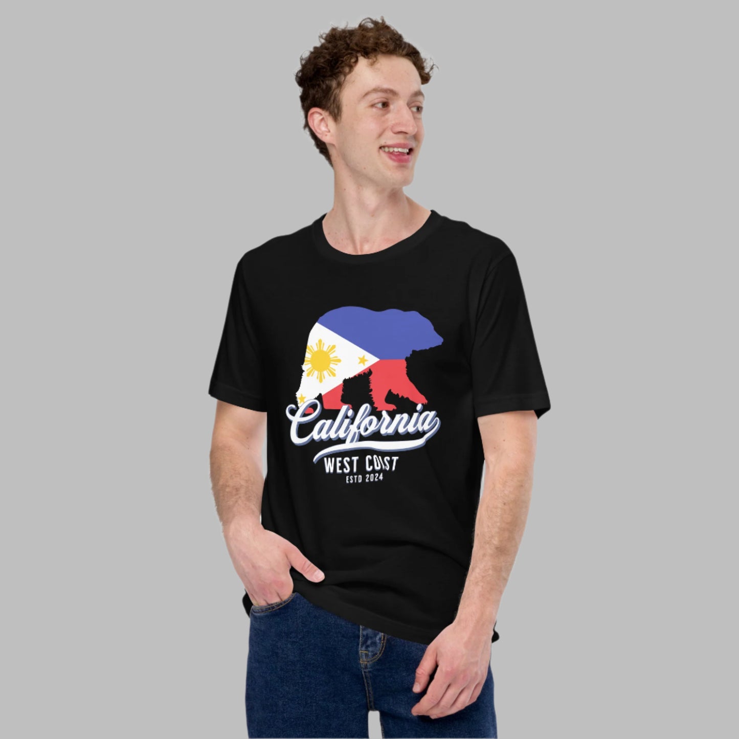 California bear silhouette filled with the Philippine flag design, featuring 'California West Coast ESTD 2024' text for a Filipino American pride t-shirt.