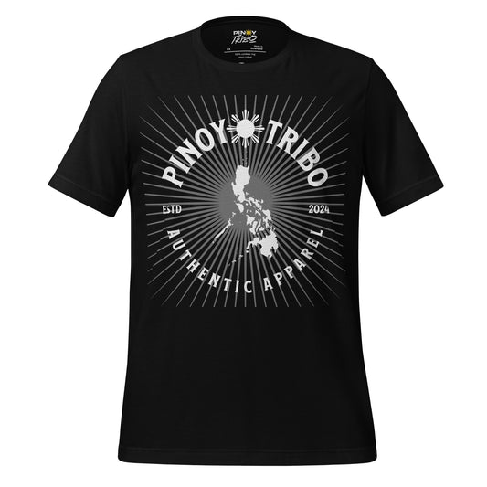 PINOY TRIBO tee design with a sunburst background, Philippines map in the center, and bold text reading Authentic Apparel ESTD 2024.