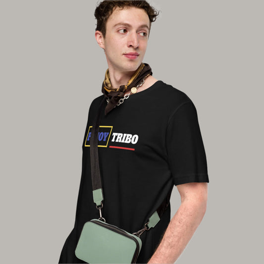 Pinoy Tribo box line graphic tee featuring bold blue, yellow, and red elements symbolizing Filipino pride.