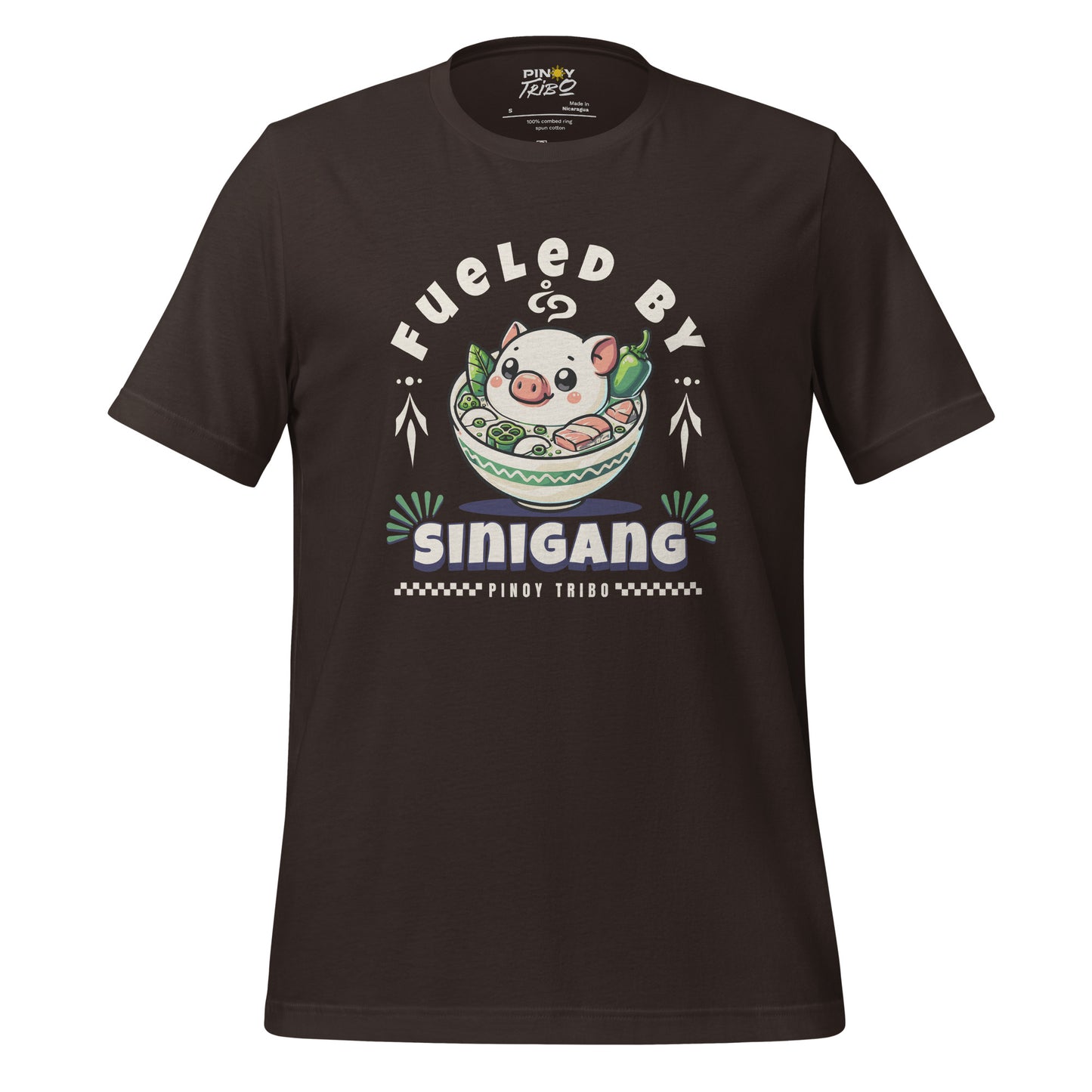 T-shirt featuring 'Fueled by Sinigang' graphic with an adorable pig in a bowl of Sinigang, part of PINOY TRIBO™'s Filipino-inspired apparel collection.