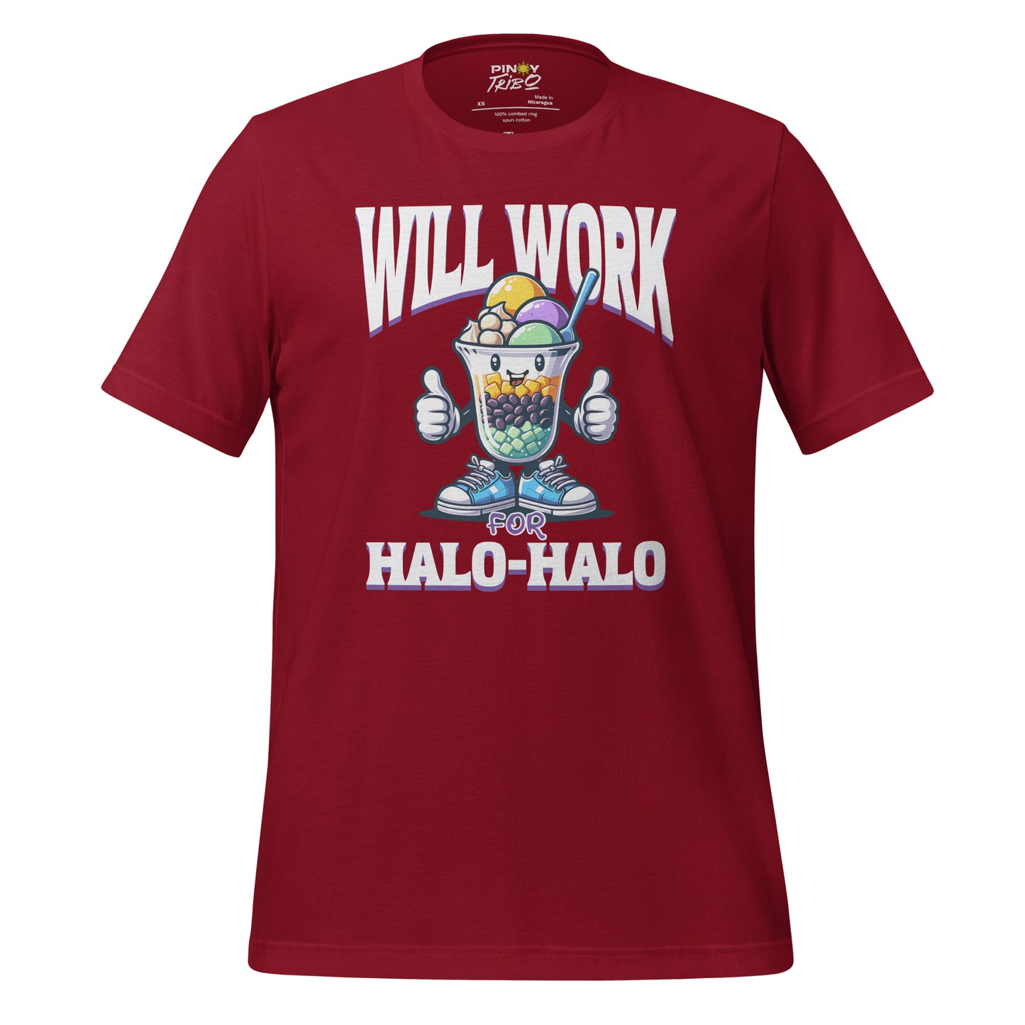 Will Work for Halo-Halo graphic t-shirt featuring a cute, smiling halo-halo dessert character with sneakers and thumbs up, styled in a fun and colorful Filipino-inspired design.