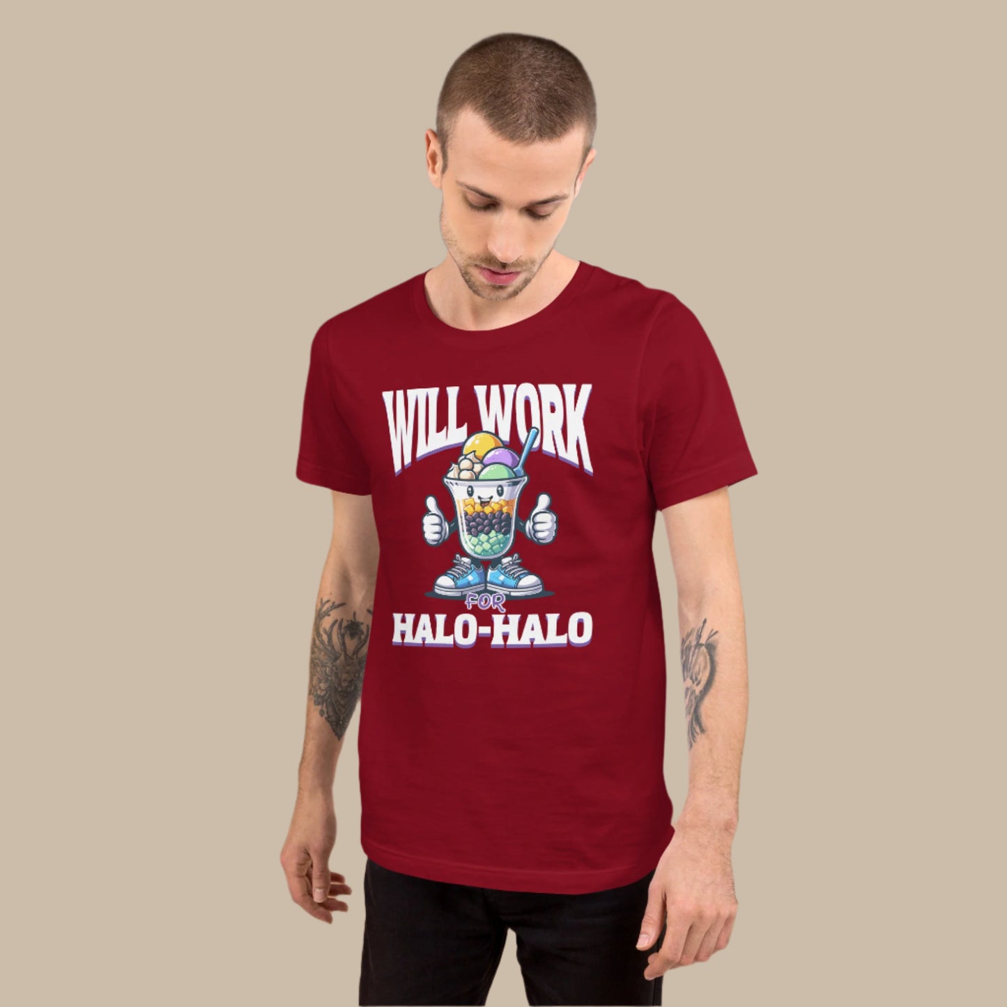 Will Work for Halo-Halo graphic t-shirt featuring a cute, smiling halo-halo dessert character with sneakers and thumbs up, styled in a fun and colorful Filipino-inspired design.