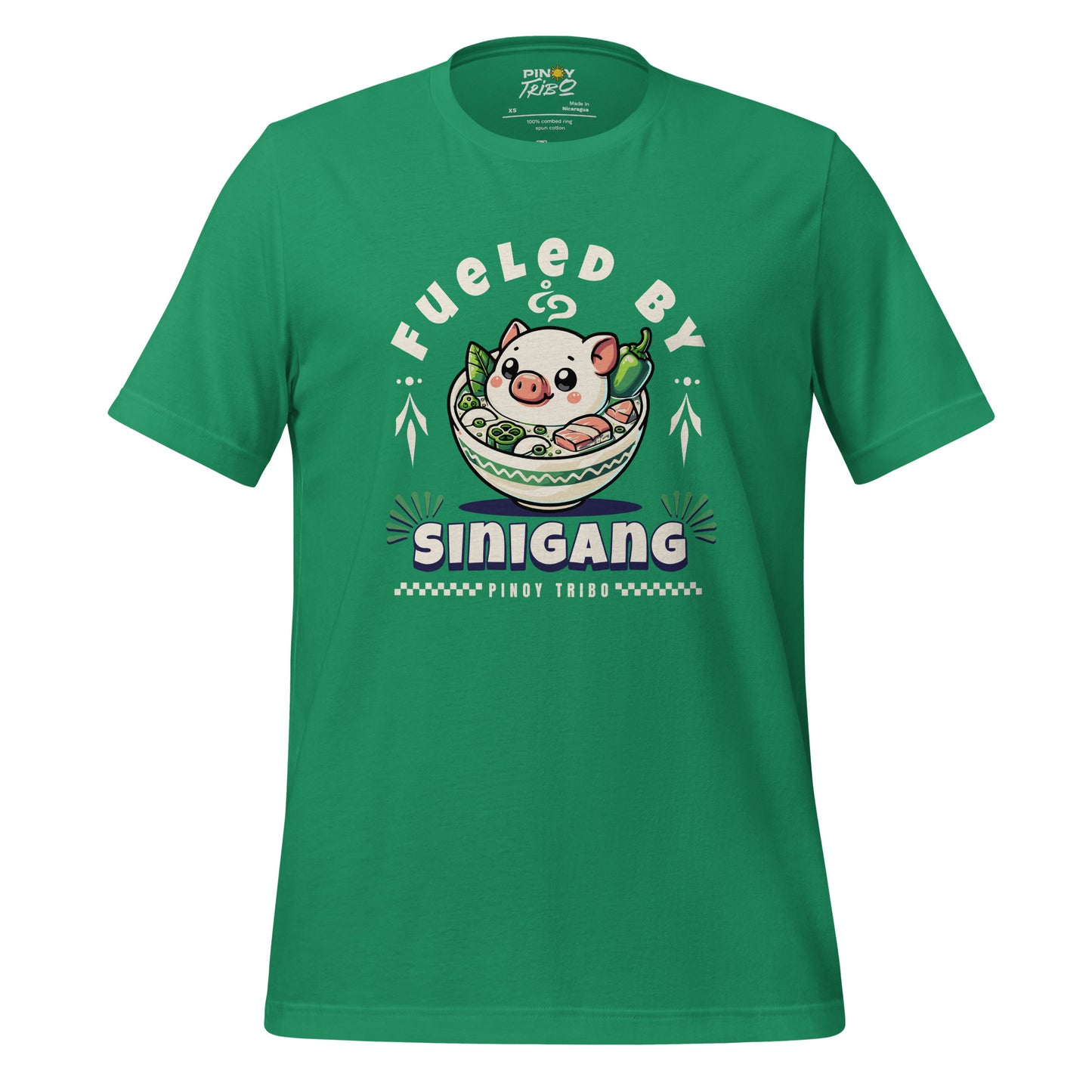 T-shirt featuring 'Fueled by Sinigang' graphic with an adorable pig in a bowl of Sinigang, part of PINOY TRIBO™'s Filipino-inspired apparel collection.